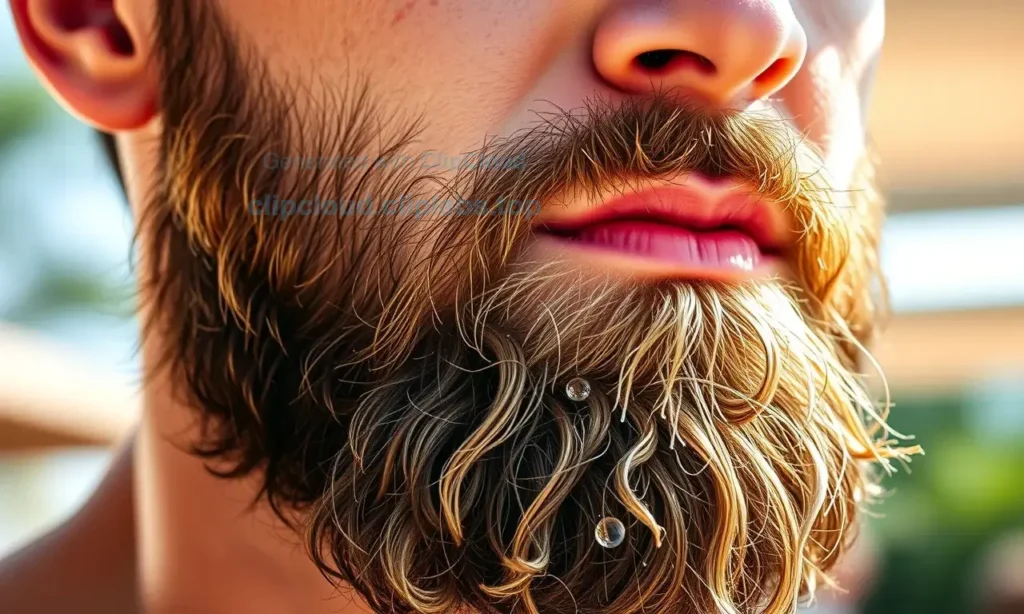 A close-up of a well-groomed man's beard in a hot summer setting, with a refreshing cool breeze effect, clean and fresh appearance, no sweat or odor, natural sunlight, realistic skin texture, detailed beard strands, subtle water droplets to symbolize freshness, no text or letters on the image