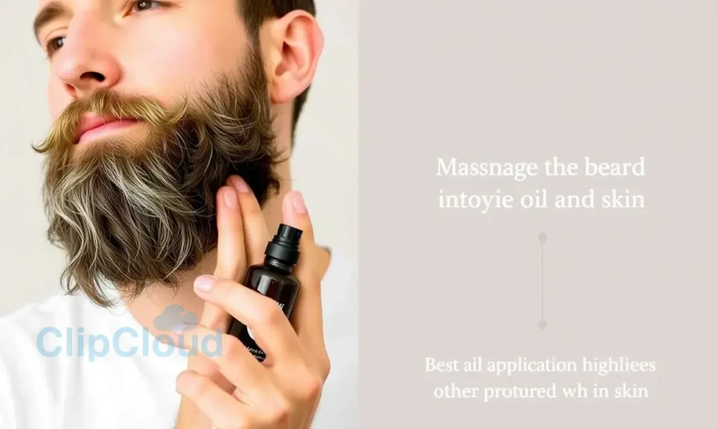 A man applying beard oil to his beard, showing the process of massaging the oil into the beard and skin. The image should depict a clean, well-groomed beard with visible oil absorption, highlighting the texture and shine of the beard post-application. The man should have a neutral or satisfied expression, and the background should be simple and uncluttered to focus on the action.