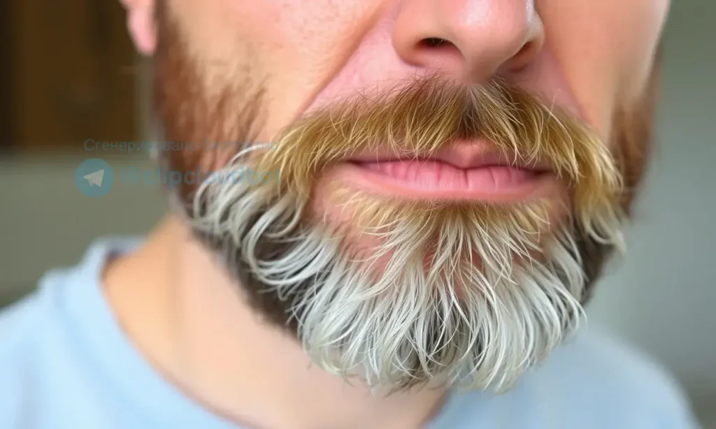 A close-up of a man's face with a well-groomed beard, showing signs of skin irritation and dryness. The beard should appear slightly unkempt, with visible redness and flakiness on the skin underneath. The man should have a concerned expression, highlighting the impact of poor beard care on skin health.