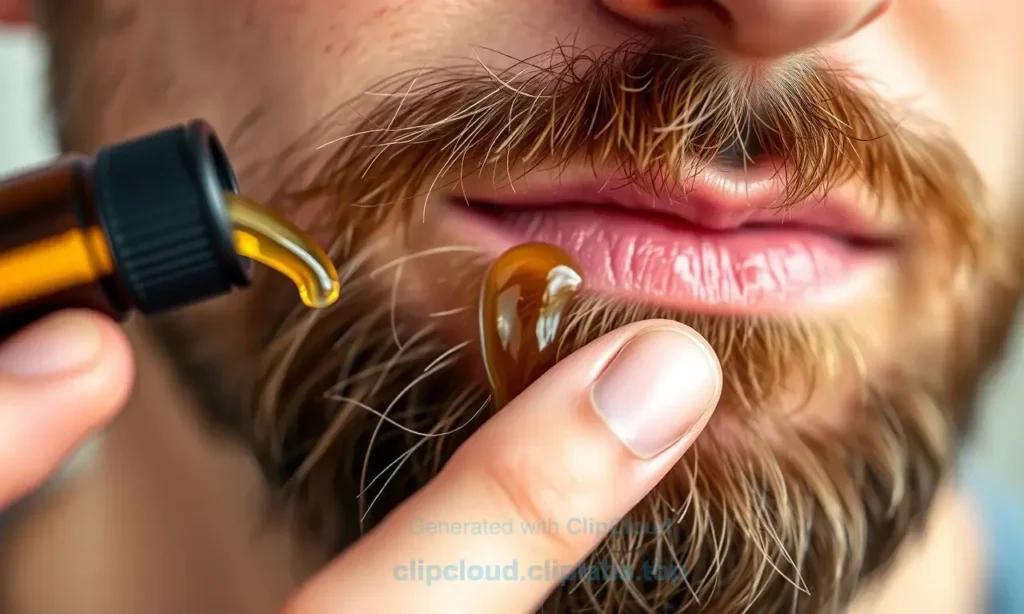 A close-up of a well-groomed man's beard with a few drops of beard oil being gently applied using fingertips, soft natural lighting, subtle skin texture visible, healthy facial hair, no visible irritation or redness, warm tones, realistic skin and hair detail, shallow depth of field