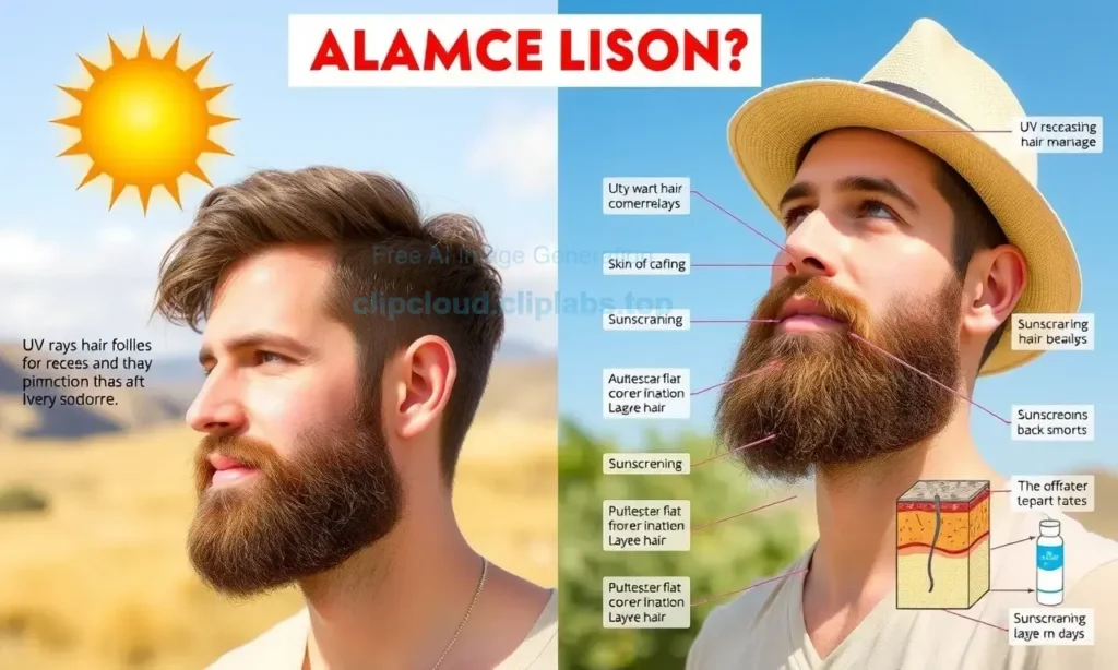 A detailed infographic showing the science of why facial hair lightens under sun exposure, with a split composition: left side depicts UV rays damaging hair follicles causing pigment fading, right side shows protective measures like sunscreen application and hats, featuring a man with a beard in outdoor sunlight, clear anatomical illustrations of skin layers and hair structure, medical diagram style with labeled parts, bright educational colors, clean lines, no text labels on image