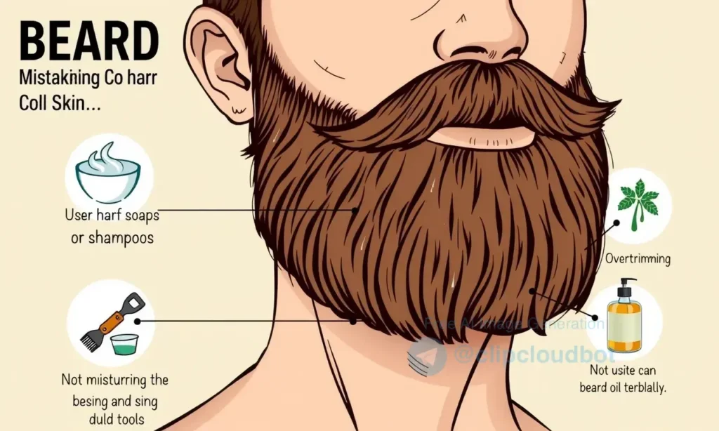 A detailed illustration of a man with a beard, showing five common mistakes in beard care that can harm the skin. The image should depict: 1) Using harsh soaps or shampoos, 2) Not moisturizing the beard and skin underneath, 3) Over-trimming or using dull tools, 4) Neglecting to clean the beard regularly, 5) Not using beard oil or balm. Each mistake should be visually represented in a different section of the image.