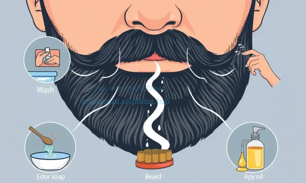 A close-up illustration of a man's beard and mustache with visible odor waves or stink lines emanating from it, showing cleanliness steps like washing with soap, using a beard brush, and applying oil, in a clear, detailed, high-quality style
