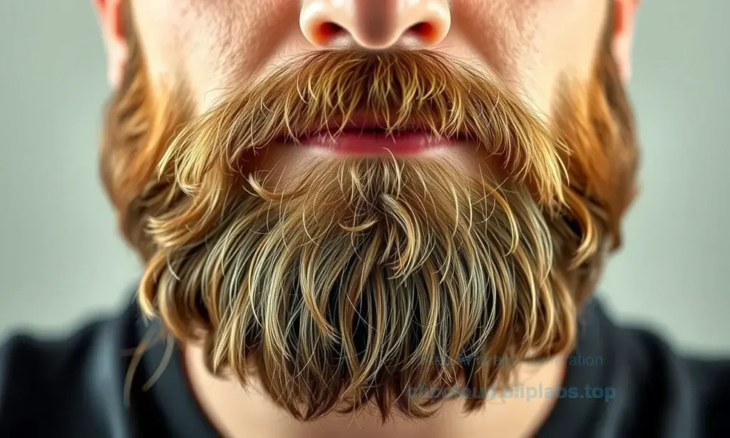 A close-up portrait of a man with a full, well-groomed beard that appears fluffy and slightly uneven, with individual hairs sticking out in various directions. The beard should look natural and textured, showing signs of healthy growth influenced by diet and lifestyle. Soft natural lighting, realistic skin details, and a neutral background. Emphasis on the texture and direction of beard growth without any text or symbols.