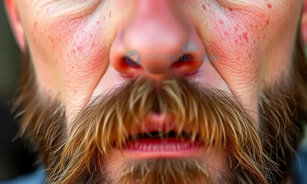 A close-up of a man's face with a thick, well-groomed beard, showing oily skin texture on the cheeks and forehead, soft natural lighting, realistic skin pores and subtle shine, no visible acne or irritation, beard hair dense and healthy, neutral expression, shallow depth of field, high detail, photorealistic style