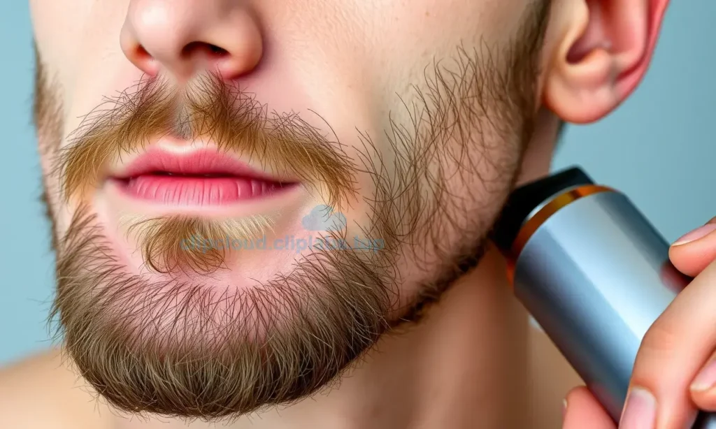 A close-up of a man's face showing dry, flaky skin around the beard and neck area after using a trimmer and shaving the contours, realistic skin texture with visible dry patches and slight redness, natural lighting, no text or symbols on skin