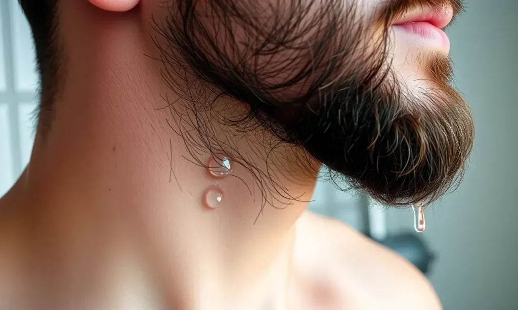 A close-up of a man's beard area after shower, showing flaking skin with water droplets on the beard, subtle background, no text or symbols