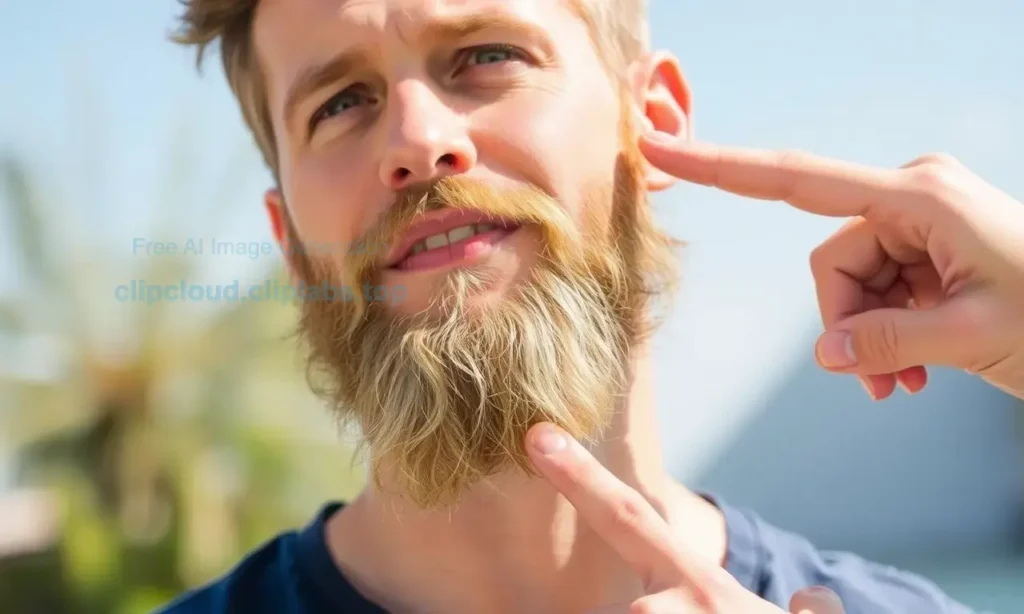 A man with a light-colored beard standing outdoors in bright sunlight, showing visible lightening of beard pigment on sun-exposed areas, with a dermatologist or skincare expert pointing to the beard to illustrate pigment protection methods, clean background