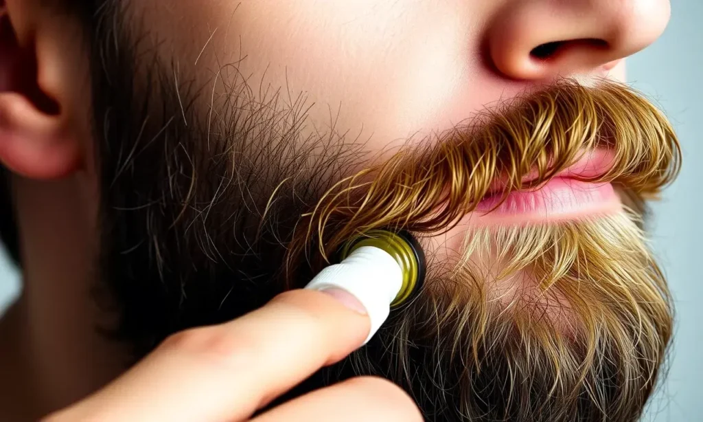 A close-up of a man's beard with a natural, healthy appearance, showing the texture and grooming of the hair. Include a subtle application of a beard balm or oil to highlight the product's use in daily care. The background should be neutral and soft to keep focus on the beard and product.