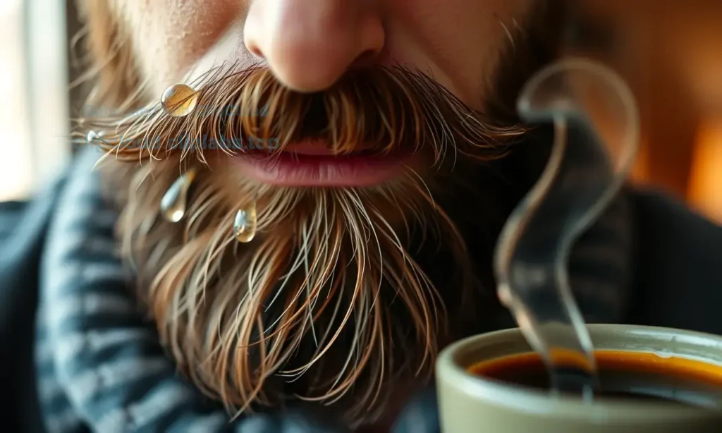 A close-up of a well-groomed man's beard with droplets of clear beard oil glistening on the hairs, soft natural morning light highlighting the texture, subtle steam rising from a nearby cup of coffee to suggest a morning routine, background blurred with warm tones