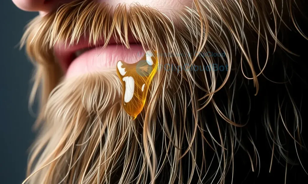A close-up of a well-groomed beard with a few drops of beard oil glistening on the hair, showing a subtle oily sheen but no excessive shine, natural lighting, realistic texture, high quality