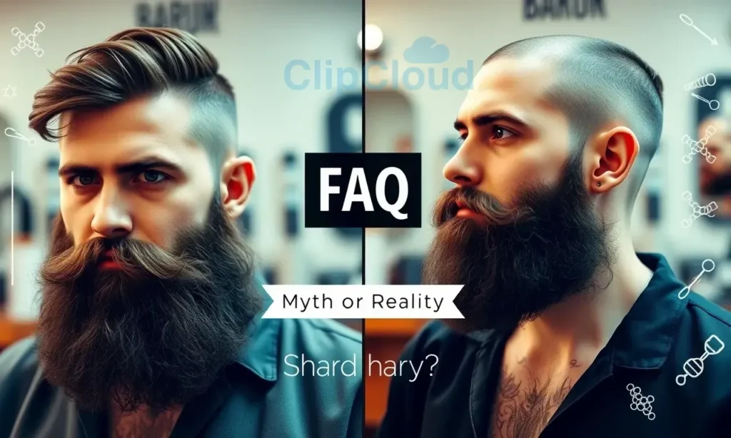 A split-screen comparison showing a man with a full, thick beard on one side and the same man with a shaved face on the other, illustrating the myth that shaving makes a beard rare; include a small text box with 'FAQ' and 'Myth or Reality?' in a clean, modern font, with a background of a barber shop setting and subtle scientific icons like DNA strands and hair follicles