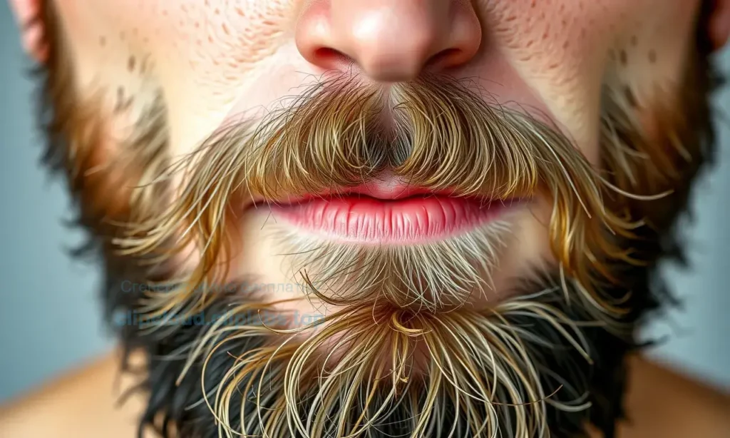 A close-up of a well-groomed man's beard with visibly dry, split ends, showing natural skin texture on the face, soft natural lighting, realistic skin pores and hair strands, no text or symbols on the image