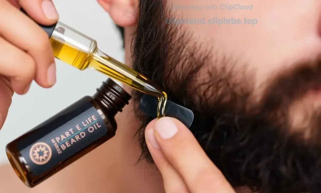 A person applying beard oil to a beard, with clear focus on the oil being absorbed into the skin and hair, showing a healthy, well-groomed beard and clear skin around the jawline and cheeks, in a clean, minimalistic setting.