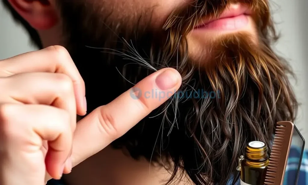 A close-up portrait of a well-groomed man with a thick, healthy beard, gently holding a few loose beard hairs in his hand to illustrate normal shedding. The background is soft and neutral, focusing on the texture and shine of the beard, with subtle visual cues of proper grooming (like a comb and natural oils) without any text or symbols.