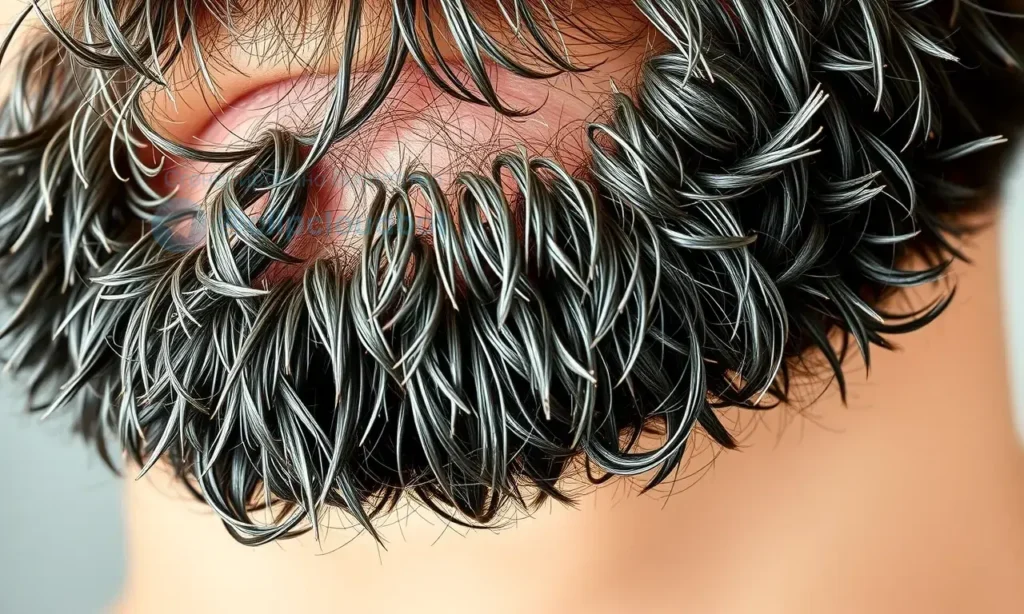 A close-up realistic illustration of a man's beard growing in uneven, patchy clumps with visible gaps and irregular texture, showing different lengths and directions of hair growth, natural lighting, detailed skin texture, and subtle shadows to emphasize the uneven growth pattern, no text, no letters, no numbers, no UI elements
