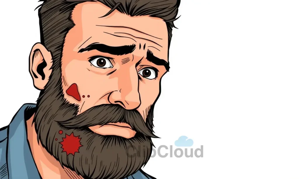 A detailed illustration of a man with a damaged beard, showing uneven patches and irregular growth due to a bad haircut. The image should depict the man looking concerned or thoughtful, with a focus on the beard's condition. The background can be neutral, perhaps a simple studio setting or a plain wall, to keep the focus on the beard and the man's expression.