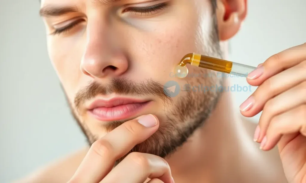 A clean-shaven man with a short, well-groomed beard, applying beard oil to his skin with a dropper, close-up view showing healthy skin without irritation, natural lighting, realistic skin texture, no text or symbols on skin, no medical equipment, no needles, no harsh chemicals, no visible pores or blemishes