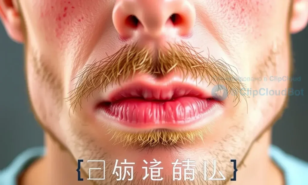 A close-up of a man's face showing reddened skin on his cheeks and chin after using beard oil, with visible irritation and slight swelling, realistic skin texture, natural lighting, medical illustration style