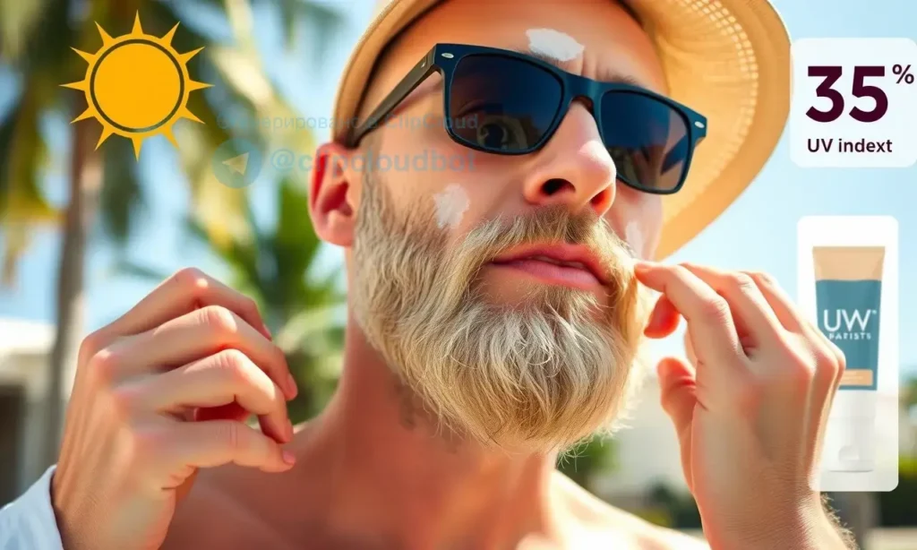 A man with a light-colored beard standing outdoors in bright sunlight, showing sun-bleached areas on the beard, with a dermatologist or skincare expert applying sunscreen or protective cream to the beard, and summer elements like sunglasses, hat, and UV index indicator in the background