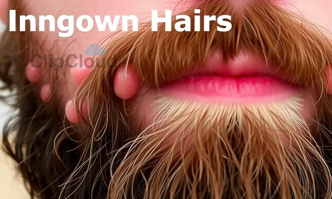 A close-up of a man's beard with visible ingrown hairs, showing redness, irritation, and small bumps. The skin around the beard should appear slightly inflamed, with some hairs growing inward instead of outward. The image should focus on the texture and details of the beard and skin, highlighting the problem areas without showing the entire face. Avoid any text or numbers.