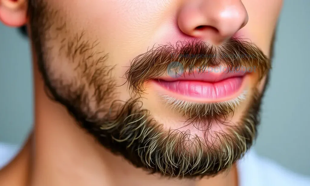 A close-up view of a man's face with a beard, showing the skin under the beard noticeably darker than the surrounding facial skin, with subtle texture and natural lighting to highlight the contrast in tone, no text or symbols visible