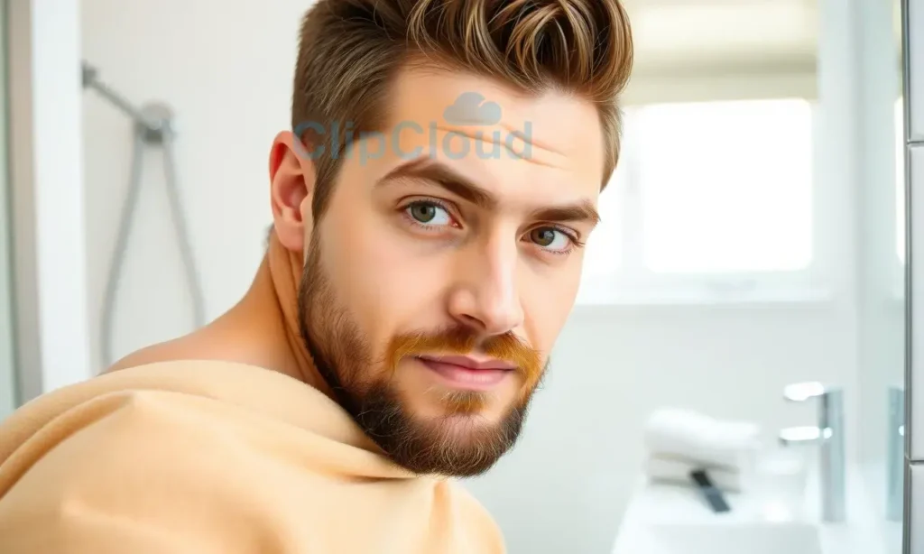 A man with a neatly trimmed beard looking refreshed and well-groomed after waking up, standing in front of a mirror in a modern bathroom. The scene should include soft natural lighting, a clean and organized space, and subtle elements like a towel, a glass of water, and a beard comb on the counter. The focus is on a healthy, groomed appearance post-sleep.