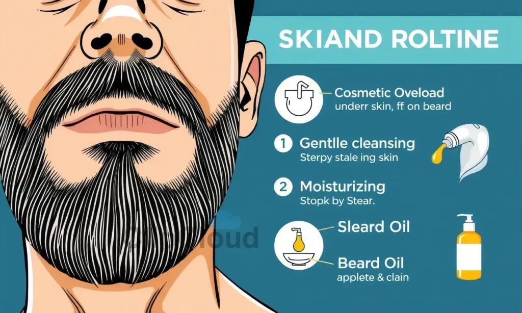 A close-up illustration showing a man's face with a beard, highlighting the skin underneath the beard area with visible signs of cosmetic overload such as redness, dryness, or irritation, alongside clear step-by-step skincare routine elements like gentle cleansing, moisturizing, and beard oil application, in a clean, educational style suitable for a health or grooming guide