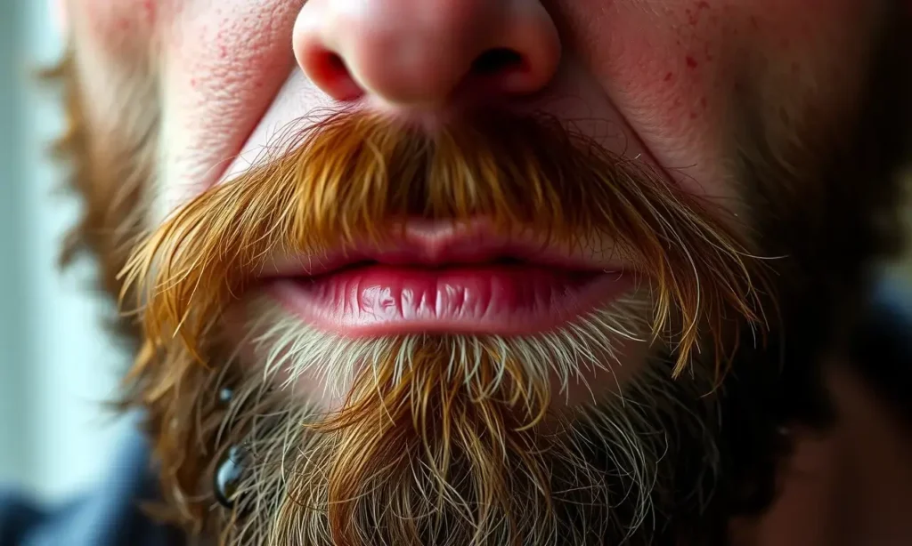 A close-up of a man's beard area with noticeable reddened skin, subtle droplets of oil on the beard, a concerned expression, natural lighting, realistic skin texture, no text or symbols
