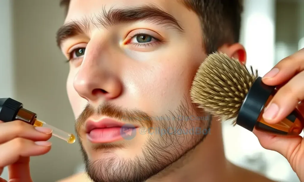 A close-up of a well-groomed male face with a short, neatly trimmed beard being prepared for growth, showing clean skin, light application of beard oil with a dropper, a soft-bristled beard brush, and natural lighting highlighting healthy skin and hair follicles; background is blurred bathroom vanity with neutral tones, no text or labels visible