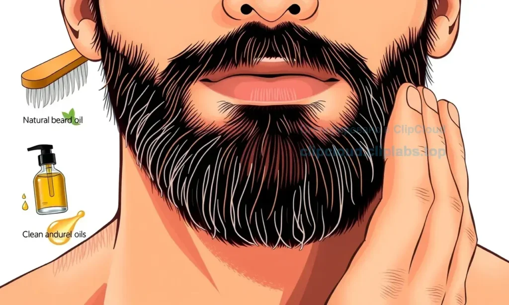 A close-up illustration of a man's face with a well-groomed beard, showing healthy skin underneath, with subtle visual cues of proper beard care: a soft brush, natural beard oil droplets, and clean hands gently massaging the jawline. The skin appears smooth, hydrated, and free of irritation, redness, or ingrown hairs. Warm, natural lighting highlights skin texture and beard detail. No text, symbols, or words appear in the image.