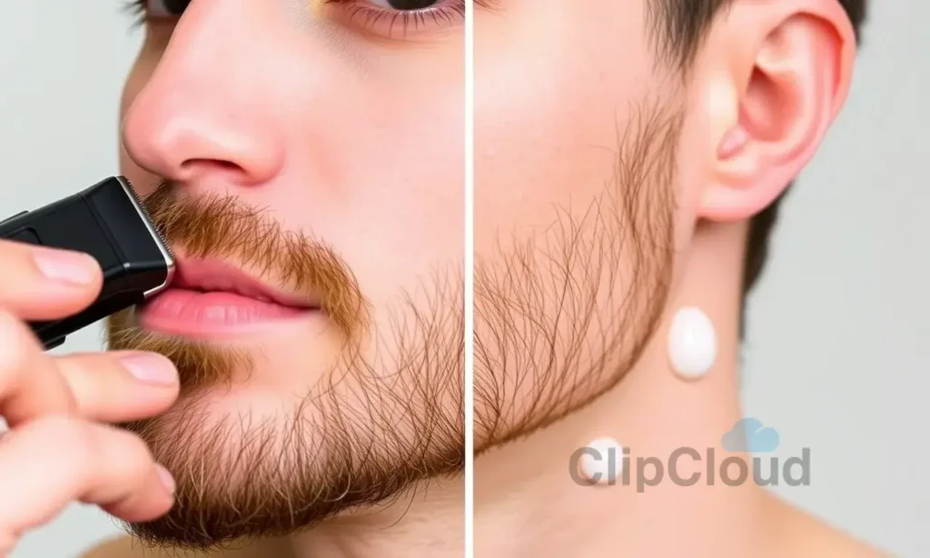 A person's face after using a trimmer and trimming beard contours, showing clean, well-defined facial hair with smooth skin around the beard area. The skin should appear healthy, hydrated, and free from irritation or dryness. Include subtle skincare products like moisturizer or beard oil being applied to the skin.