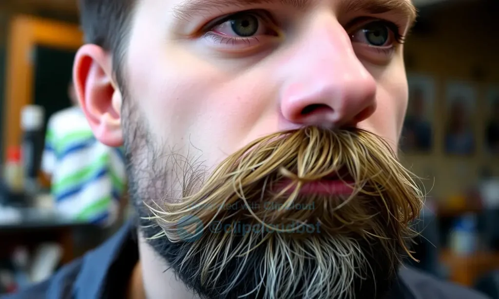 A close-up portrait of a man with a well-groomed, styled beard that appears slightly disheveled and uneven after about an hour, showing stray hairs and loss of shape, with a subtle background of a barbershop environment; the focus is on the texture and condition of the beard, highlighting the contrast between the initial neat styling and the later unkempt look.