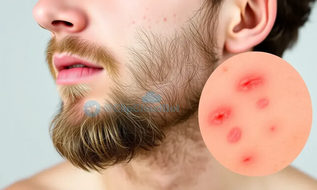 A man with a beard experiencing itchiness and dryness under his beard. Show the skin under the beard with visible redness, dry patches, and slight irritation. Include a close-up view of the affected area with natural skin texture and subtle signs of discomfort. The man should have a neutral expression, and the background should be plain and non-distracting.