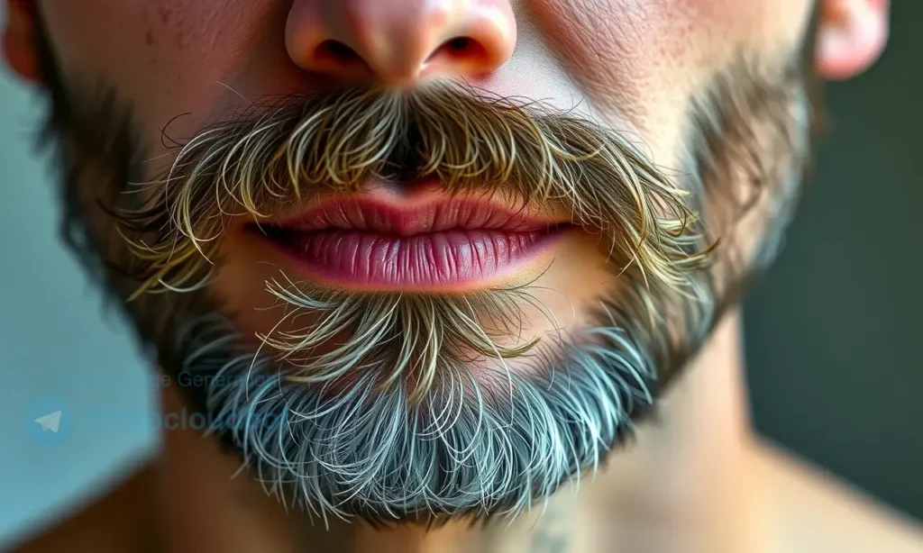 A close-up of a man's face showing a patchy beard with hair strands falling off like small clumps, realistic skin texture, natural lighting, medical illustration style, high detail, 1280x720 resolution