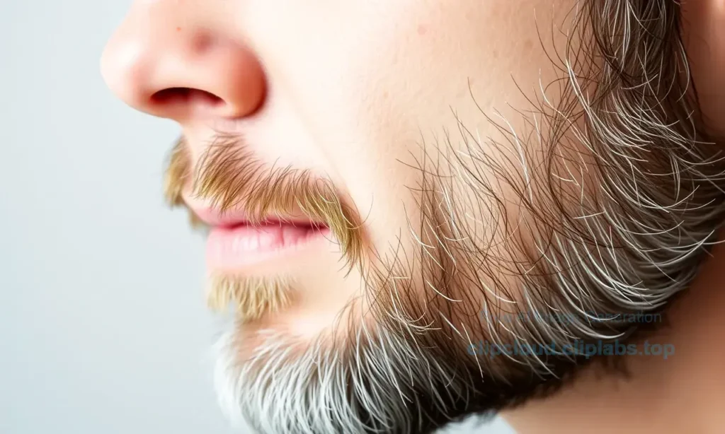 A close-up of a man's face showing a well-groomed beard and hair, with a subtle visual metaphor indicating that the beard appears to age faster than the hair, emphasizing comprehensive care for youthful appearance, no text or numbers on the image