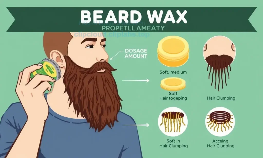 A detailed illustration showing a man applying beard wax to his facial hair, with a clear visual guide on proper dosage amount, displaying different types of beard wax products (soft, medium, hard) and their effects on hair clumping, in a clean, instructional style with visible hair strands demonstrating how wax binds them together