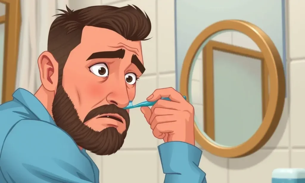 A man with a beard and mustache, looking concerned while sniffing his face. The background shows a bathroom with a mirror, toothbrush, and soap. The style is realistic with soft lighting.