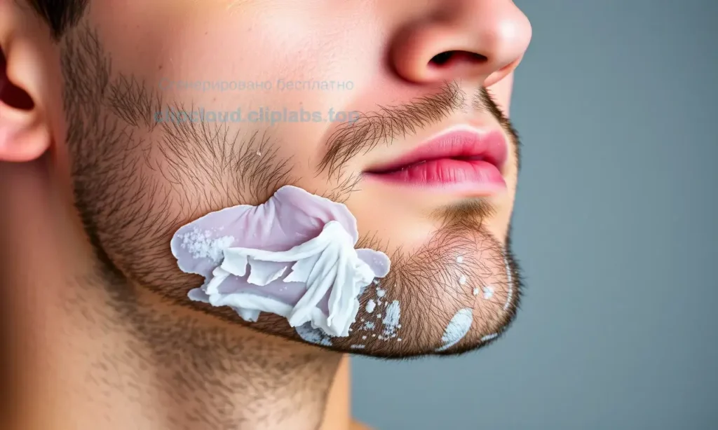 A realistic close-up of a man's face showing a freshly shaved area where a beard was removed, with a subtle hint of irritation or razor marks, set against a neutral background, emphasizing skin texture and grooming details