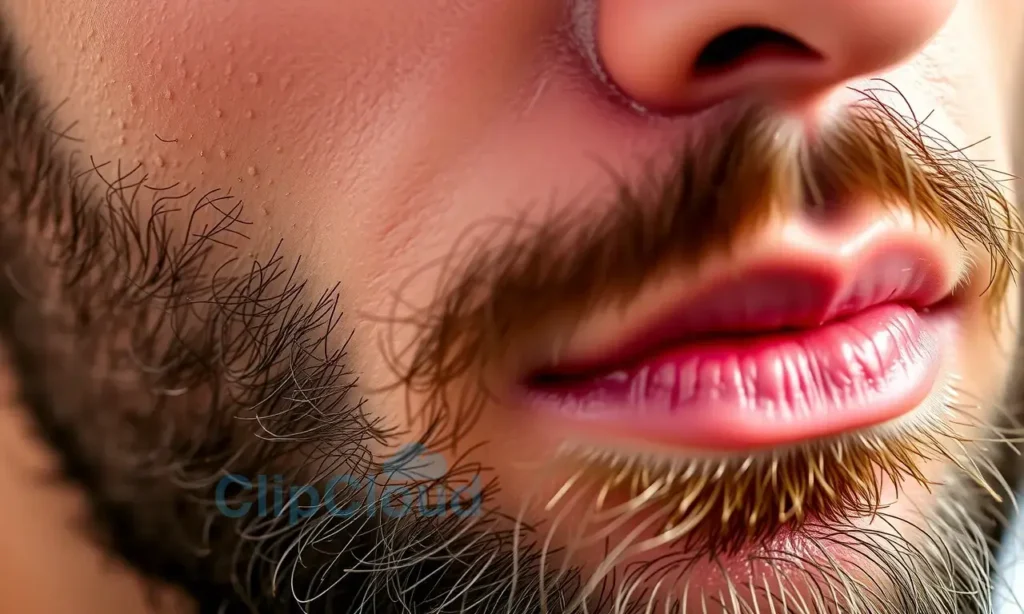 A close-up of a man's face showing oily skin under a beard, with a subtle shine on the skin, balanced composition focusing on skin texture and grooming, no text or labels, natural lighting