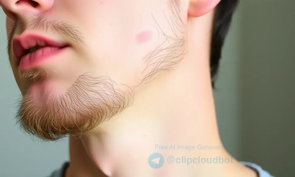 A close-up of a person's chin and jawline with a light layer of beard stubble, showing subtle signs of skin irritation such as redness or dryness. The skin appears slightly stressed, with visible pores and a few fine lines. The background is neutral and blurred to keep focus on the facial area. No text, numbers, or logos should be present.