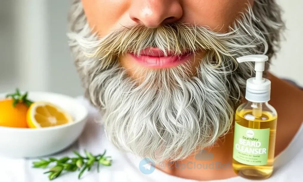 A close-up portrait of a man with a natural gray beard that looks clean and bright, showing the beard free of any yellow tint. The scene includes subtle natural elements like a bowl of lemon slices, a sprig of rosemary, and a small bottle of gentle beard cleanser, suggesting a natural method to remove yellowing. The lighting is soft and warm, emphasizing the healthy, silvery tones of the beard without any text or branding.