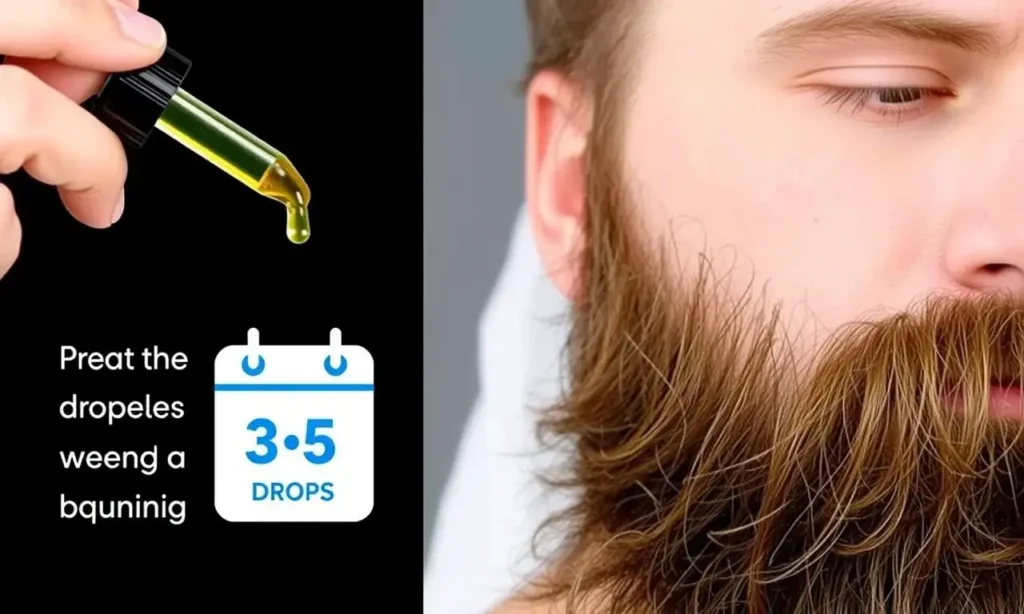 A bearded man applying beard oil with a dropper bottle, showing proper amount (3-5 drops) on his beard, with a calendar icon indicating weekly application schedule, clean background, instructional style