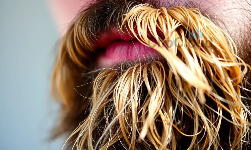 A close-up macro photograph of a man's beard showing distinct color variation: darker pigmentation at the hair roots near the skin surface and lighter, sun-bleached tips at the ends, with natural lighting highlighting the texture and gradient of the beard hair
