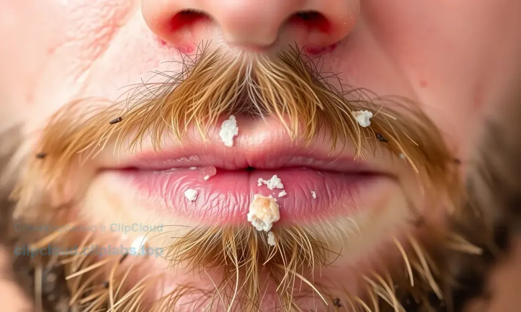 A close-up view of facial skin under a beard showing dry, flaky patches after a shower, with visible skin irritation and peeling, soft natural lighting, realistic skin texture, no text or symbols