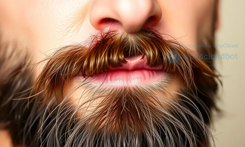 A close-up of a well-groomed beard with natural shine, showing healthy facial hair and skin underneath, soft morning light, subtle texture of beard oil absorbed into the hair, no visible bottle or hands, realistic skin pores and hair follicles, warm neutral background