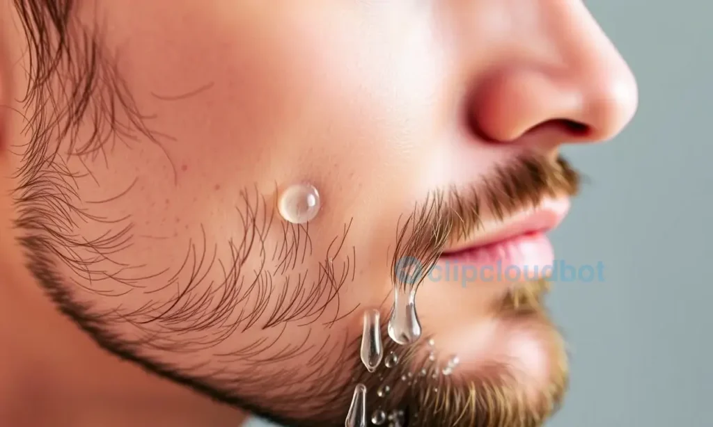 A close-up of a man's face showing smooth, hydrated skin after shaving and trimming a beard, with subtle moisture droplets and a gentle glow, emphasizing skin care and comfort