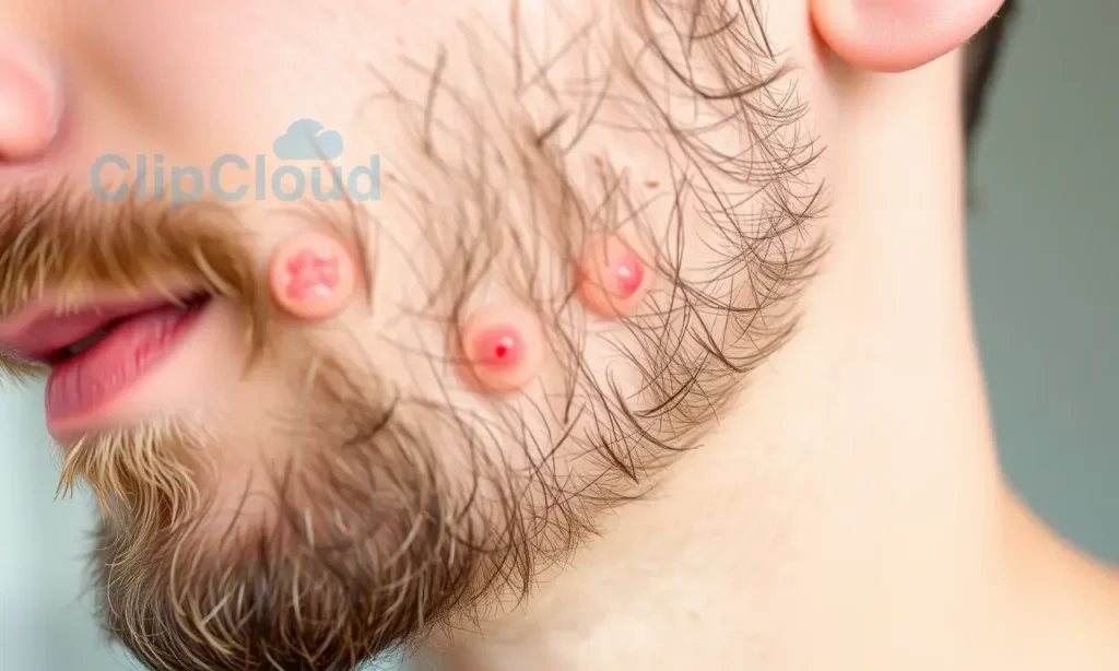A close-up view of a man's beard with visible ingrown hairs causing small red bumps and inflammation, showing skin irritation and hair follicles trapped beneath the surface, soft natural lighting, realistic skin texture, no text or symbols