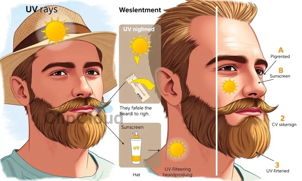 A detailed illustration showing a man with a beard exposed to sunlight, highlighting how UV rays cause the beard to lighten, with visual comparisons of pigmented vs. faded areas, and protective measures like hats, sunscreen application, and UV-filtering beard products
