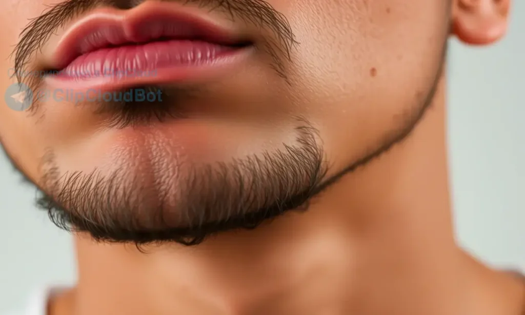 A close-up of a person's chin and jawline with visible darker skin tone under the beard, contrasted with lighter skin on the cheek and forehead. Show subtle shadows and texture to emphasize the uneven pigmentation. Include a faint outline of a beard and mustache to highlight the area. Use soft lighting to accentuate the color difference without harsh shadows.